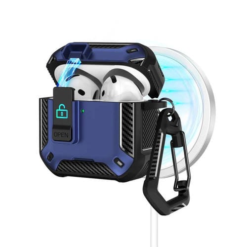 Estuche magnético MagSafe de dos colores para AirPods 4 con soporte y cierre de seguridad (negro y azul)
