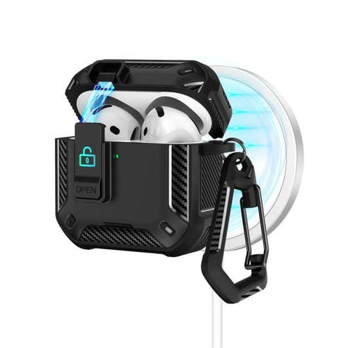 Estuche magnético MagSafe de dos colores para AirPods 4 con soporte y cierre de seguridad (negro)
