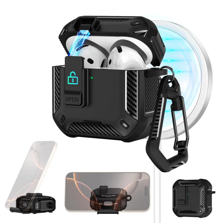 Estuche magnético MagSafe de dos colores para AirPods 4 con soporte y cierre de seguridad (negro)