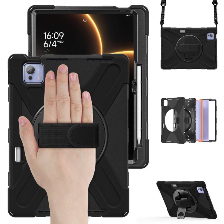 Funda híbrida de silicona con soporte giratorio para tableta Xiaomi Pad 7 Ultra y correa para el hombro (negra)
