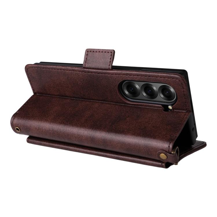 Funda de piel de vacuno cruzada con ranuras para múltiples tarjetas para Samsung Galaxy Z Fold3 5G (marrón)