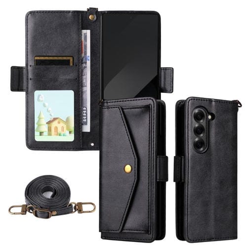 Funda de piel de vacuno cruzada con ranuras para múltiples tarjetas para Samsung Galaxy Z Fold3 5G (negra)