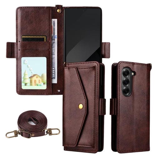 Funda de piel de vacuno cruzada con ranuras para múltiples tarjetas para Samsung Galaxy Z Fold4 5G (marrón)