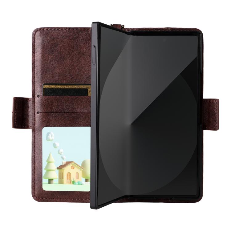 Funda de piel de vacuno cruzada con ranuras para múltiples tarjetas para Samsung Galaxy Z Fold4 5G (marrón)