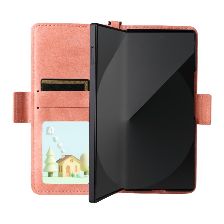 Funda de piel de vacuno cruzada con ranuras para múltiples tarjetas para Samsung Galaxy Z Fold4 5G (rosa)