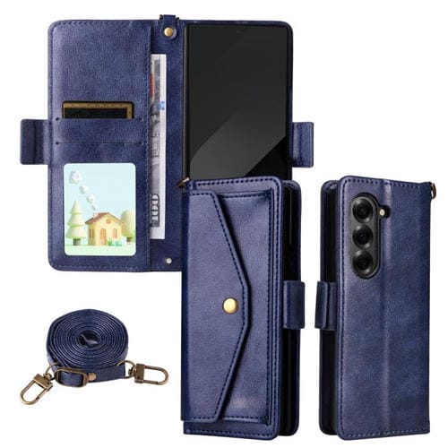 Funda de piel de vacuno cruzada con ranuras para múltiples tarjetas para Samsung Galaxy Z Fold5 5G (azul)