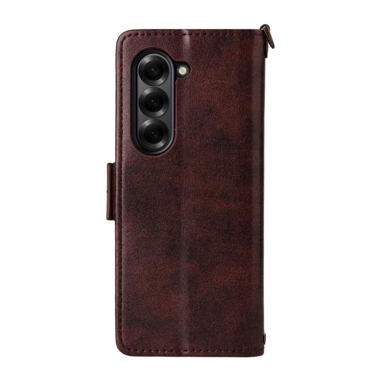 Funda de piel de vacuno cruzada con ranuras para múltiples tarjetas para Samsung Galaxy Z Fold6 5G (marrón)