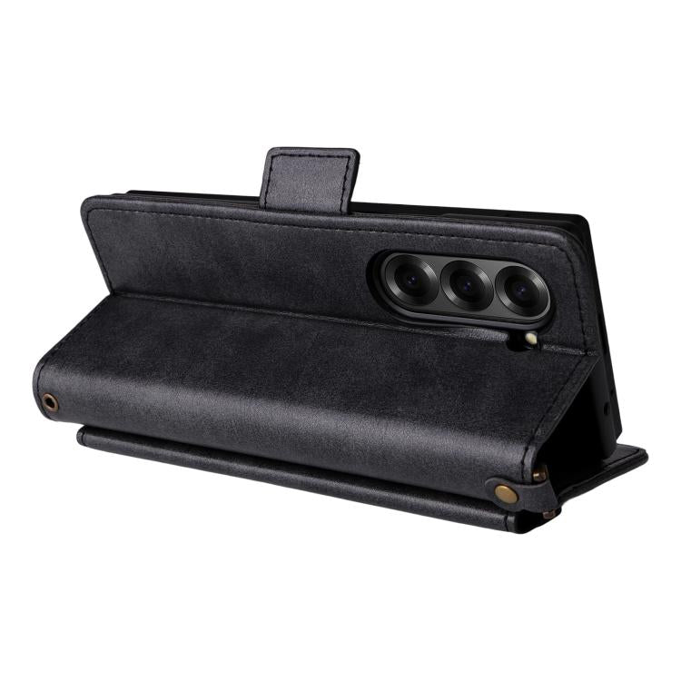 Funda de piel de vacuno cruzada con ranuras para múltiples tarjetas para Samsung Galaxy Z Fold6 5G (negra)