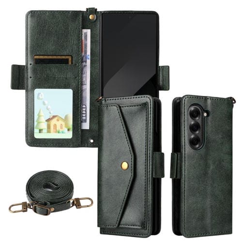 Funda de piel de vacuno cruzada con ranuras para múltiples tarjetas para Samsung Galaxy Z Fold6 5G (verde)