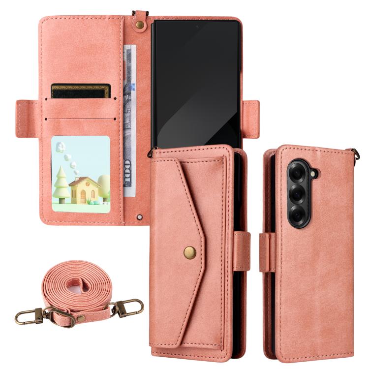 Funda de piel de vacuno cruzada con ranuras para múltiples tarjetas para Samsung Galaxy Z Fold7 5G (rosa)