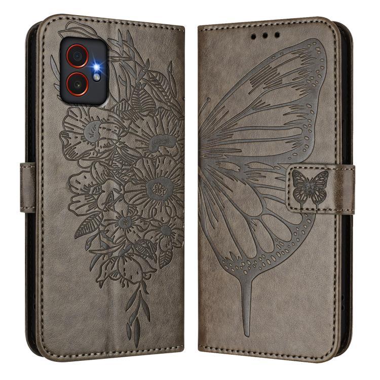 Funda de piel con diseño de mariposa en relieve para Samsung Galaxy XCover7 Pro (gris)