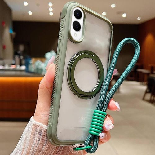 Funda MagSafe para Samsung Galaxy S25 Edge 5G con borde transparente, rotación y correa de muñeca (verde militar)