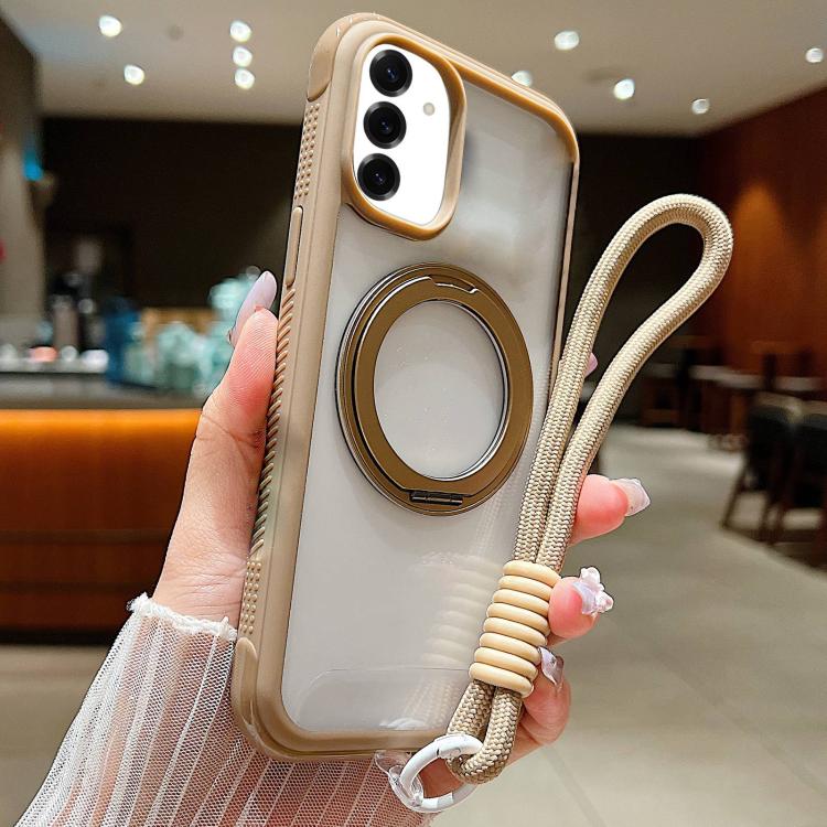 Funda MagSafe para Samsung Galaxy S25+ / S24+ 5G con borde transparente, rotación y correa de muñeca (marrón)