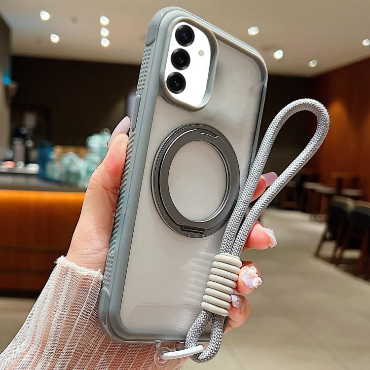 Funda MagSafe para Samsung Galaxy S25+ / S24+ 5G con borde transparente, rotación y correa de muñeca (gris)