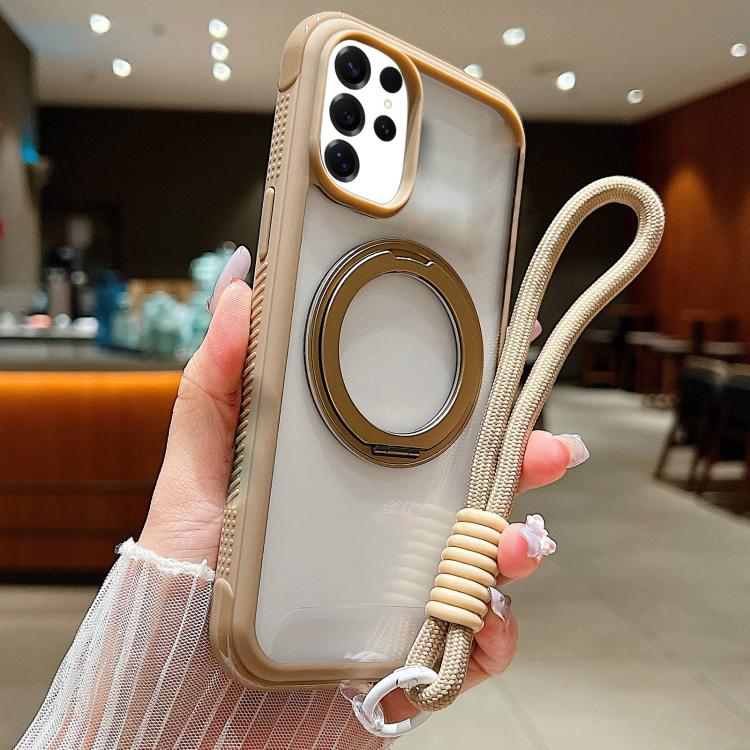 Funda MagSafe transparente con borde liso y soporte giratorio para Samsung Galaxy S25 Ultra / S24 Ultra 5G, con correa para la muñeca (marrón)