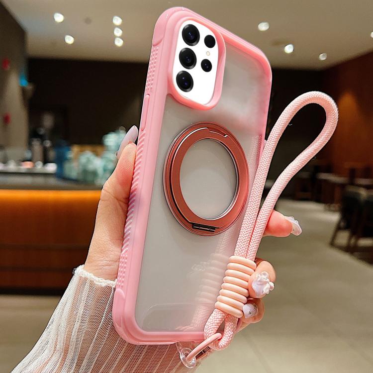 Funda MagSafe transparente con borde liso y correa de muñeca para Samsung Galaxy S25 Ultra / S24 Ultra 5G (rosa)