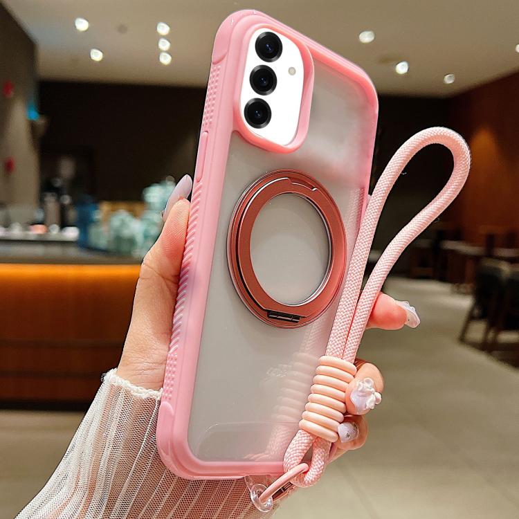 Funda MagSafe transparente con borde liso y soporte giratorio para Samsung Galaxy S25/S24 5G, con correa para la muñeca (rosa)