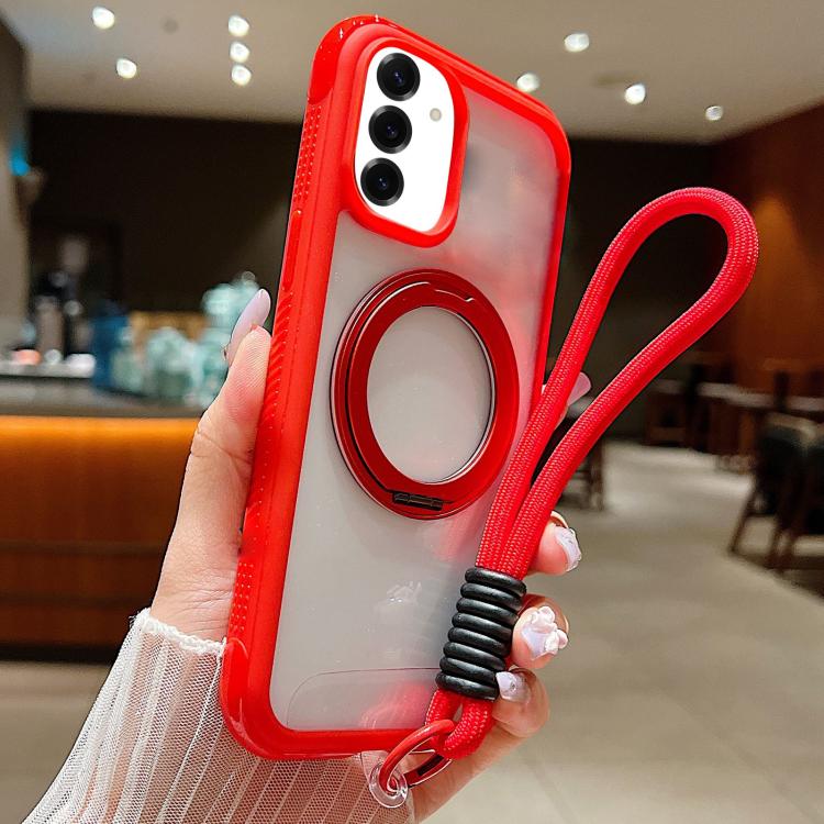 Funda MagSafe transparente con borde liso y rotación para Samsung Galaxy S25/S24 5G, con correa para la muñeca (roja)