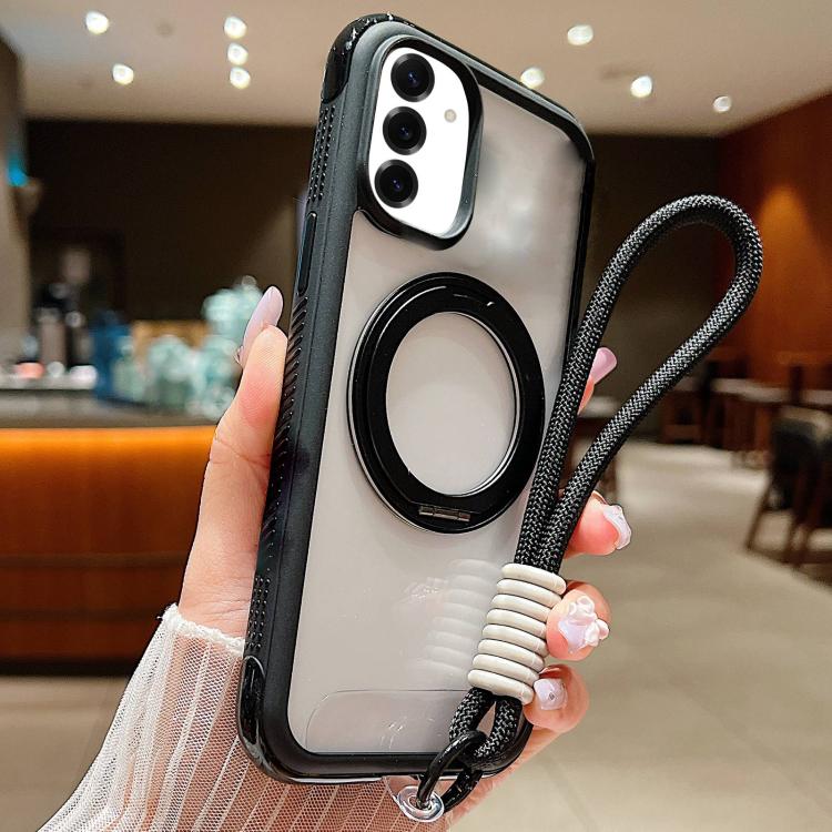 Funda MagSafe transparente con borde liso y rotación para Samsung Galaxy S25/S24 5G, con correa para la muñeca (negra)