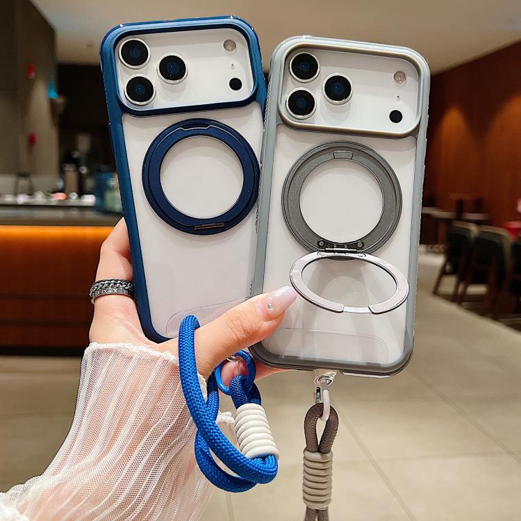 Funda MagSafe para Samsung Galaxy S25 Edge 5G con borde transparente, rotación y correa de muñeca (gris)
