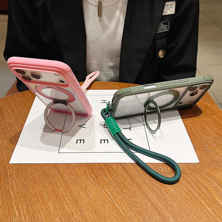Funda MagSafe para Samsung Galaxy S25 Edge 5G con borde transparente, rotación y correa de muñeca (verde militar)
