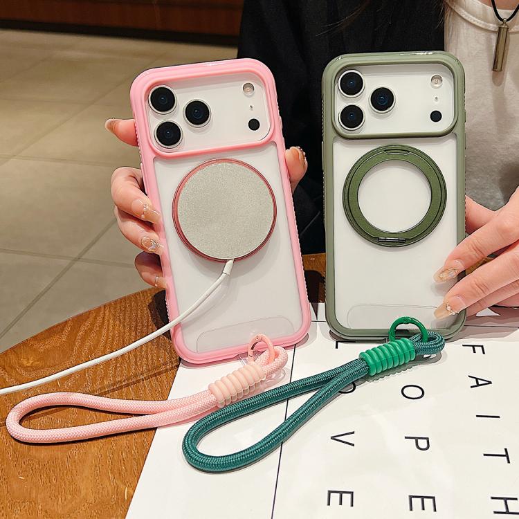 Funda MagSafe transparente con borde liso y correa de muñeca para Samsung Galaxy S25 Ultra / S24 Ultra 5G (rosa)