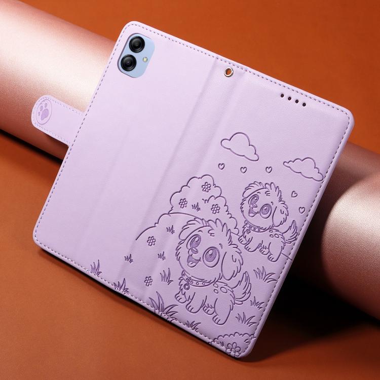 Funda de cuero tipo billetera con bloqueo RFID para Samsung Galaxy A04e 4G/F04, con diseño de corazón y perro en relieve (morado)
