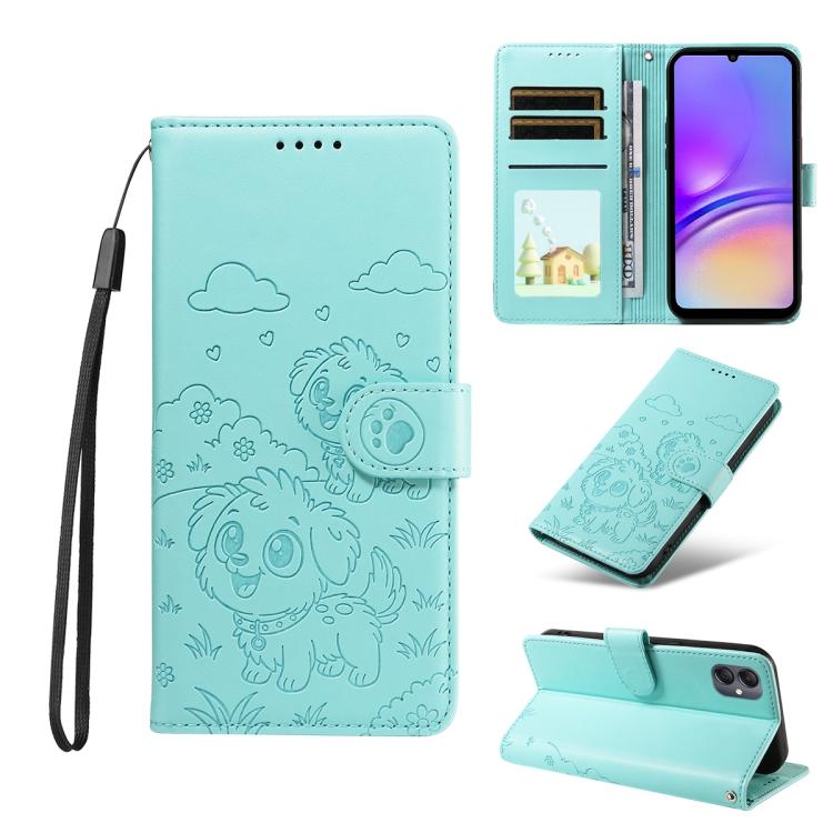 Funda de cuero tipo billetera con bloqueo RFID para Samsung Galaxy A05, con diseño de corazón y perro en relieve (verde)
