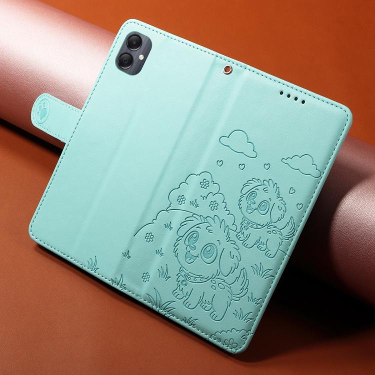 Funda de cuero tipo billetera con bloqueo RFID para Samsung Galaxy A05, con diseño de corazón y perro en relieve (verde)