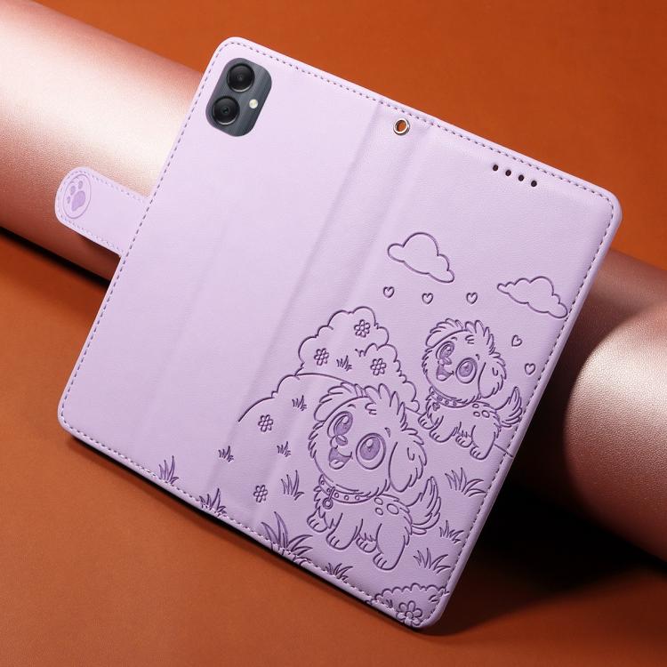 Funda de cuero tipo billetera con bloqueo RFID y diseño de corazón de perro en relieve para Samsung Galaxy A05 (morado)
