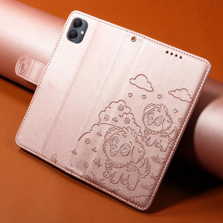 Funda de cuero tipo billetera con bloqueo RFID y diseño de corazón de perro en relieve para Samsung Galaxy A05 (oro rosa)