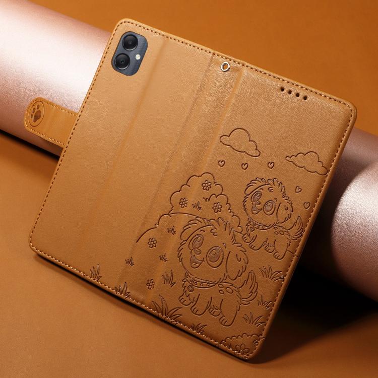 Funda de cuero tipo billetera con bloqueo RFID y diseño de corazón de perro en relieve para Samsung Galaxy A05 (marrón)