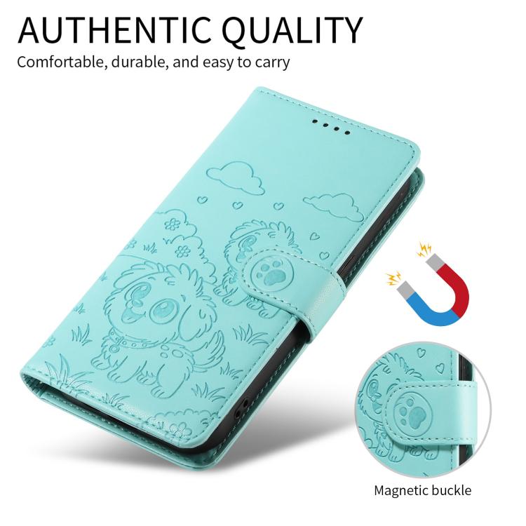 Funda de cuero tipo billetera con bloqueo RFID y diseño de corazón de perro en relieve para Samsung Galaxy A05s (verde)