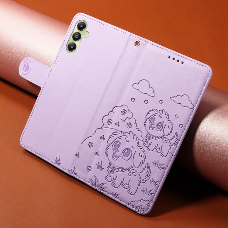 Funda de cuero tipo billetera con bloqueo RFID y diseño de corazón de perro en relieve para Samsung Galaxy A05s (morado)