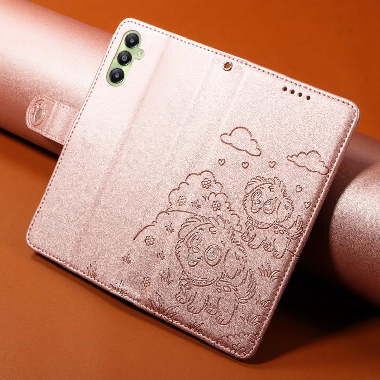 Funda de cuero tipo billetera con bloqueo RFID y diseño de corazón de perro en relieve para Samsung Galaxy A05s (oro rosa)