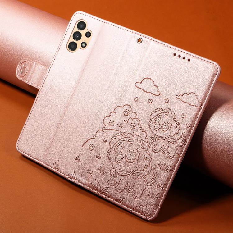 Funda de cuero tipo billetera con bloqueo RFID y diseño de corazón de perro en relieve para Samsung Galaxy A13 4G/5G (oro rosa)