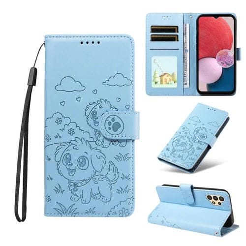 Funda de cuero con bloqueo RFID para Samsung Galaxy A13 4G/5G, con diseño de corazón y perro en relieve (azul cielo)