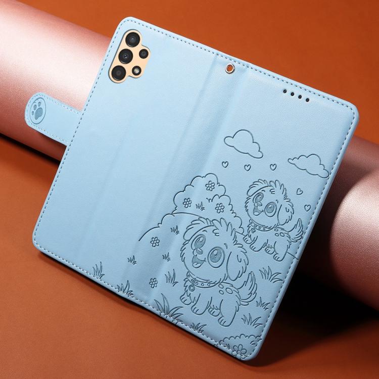 Funda de cuero con bloqueo RFID para Samsung Galaxy A13 4G/5G, con diseño de corazón y perro en relieve (azul cielo)