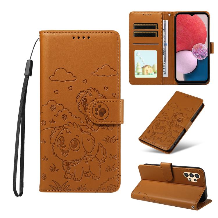 Funda de cuero con bloqueo RFID para Samsung Galaxy A13 4G/5G, con diseño de corazón en relieve y perro (marrón)