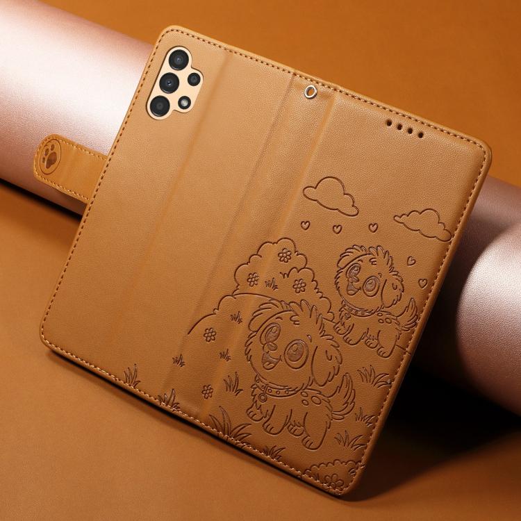 Funda de cuero con bloqueo RFID para Samsung Galaxy A13 4G/5G, con diseño de corazón en relieve y perro (marrón)