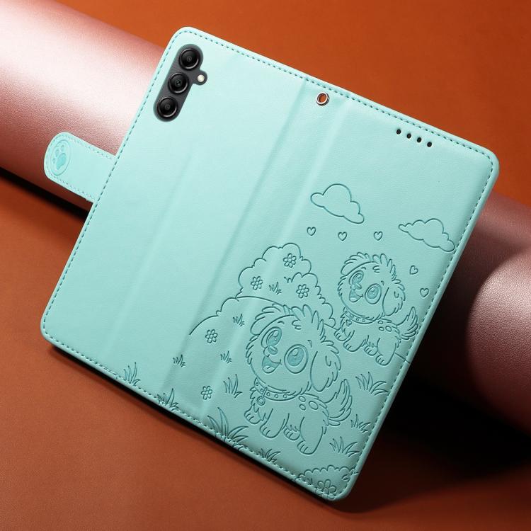 Funda de cuero con bloqueo RFID para Samsung Galaxy A14 4G/5G, con diseño de corazón en relieve y perro (verde)