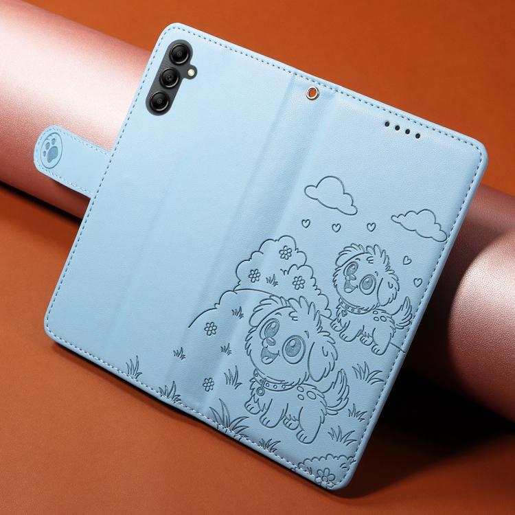 Funda de cuero con bloqueo RFID para Samsung Galaxy A14 4G/5G, con diseño de corazón y perro en relieve (azul cielo)