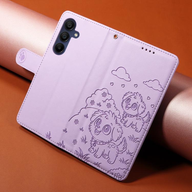 Funda de cuero tipo billetera con bloqueo RFID y diseño de corazón de perro en relieve para Samsung Galaxy A15 4G/5G (morado)