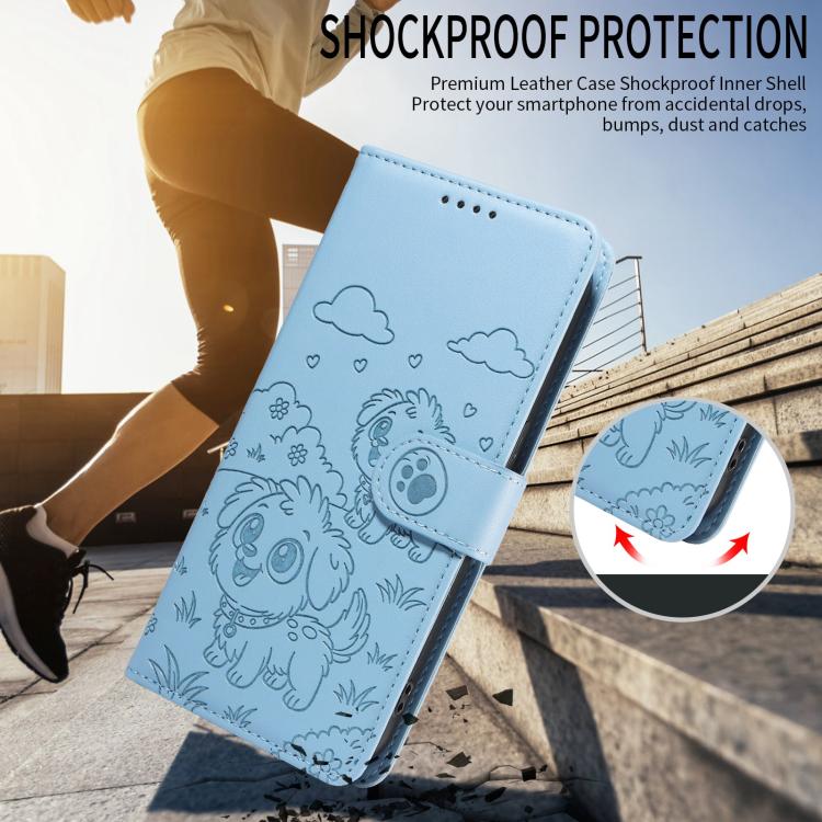 Funda de cuero con bloqueo RFID para Samsung Galaxy A15 4G/5G, con diseño de corazón y perro en relieve (azul cielo)