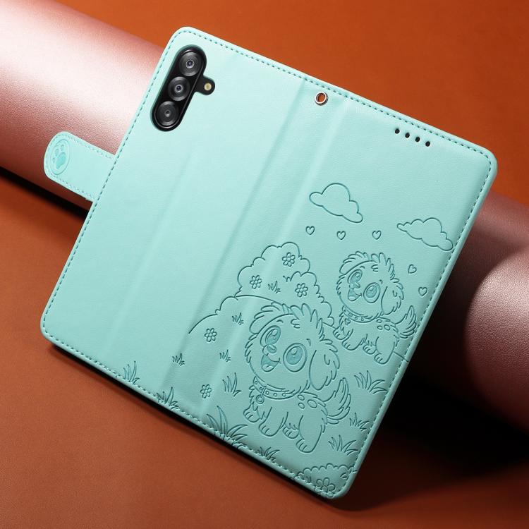 Funda de cuero con bloqueo RFID para Samsung Galaxy A16/A26/A17 con diseño de corazón en relieve (verde)