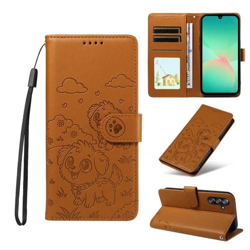 Funda de cuero con bloqueo RFID para Samsung Galaxy A16/A26/A17 con diseño de corazón en relieve (marrón)