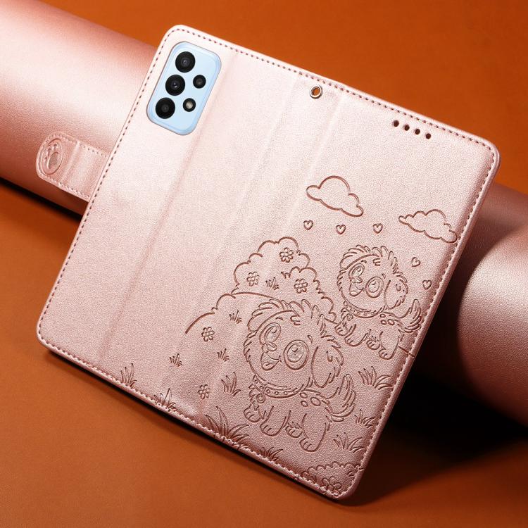 Funda de cuero tipo billetera con bloqueo RFID y diseño de corazón de perro en relieve para Samsung Galaxy A23 4G/5G (oro rosa)