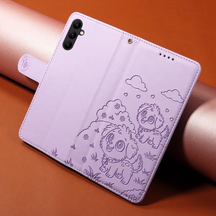 Funda de cuero tipo billetera con bloqueo RFID y diseño de corazón de perro en relieve para Samsung Galaxy A24 4G (morado)