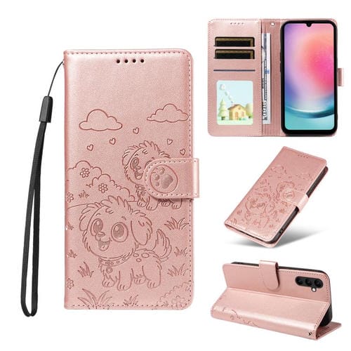 Funda de cuero tipo billetera con bloqueo RFID y diseño de corazón de perro en relieve para Samsung Galaxy A24 4G (oro rosa)