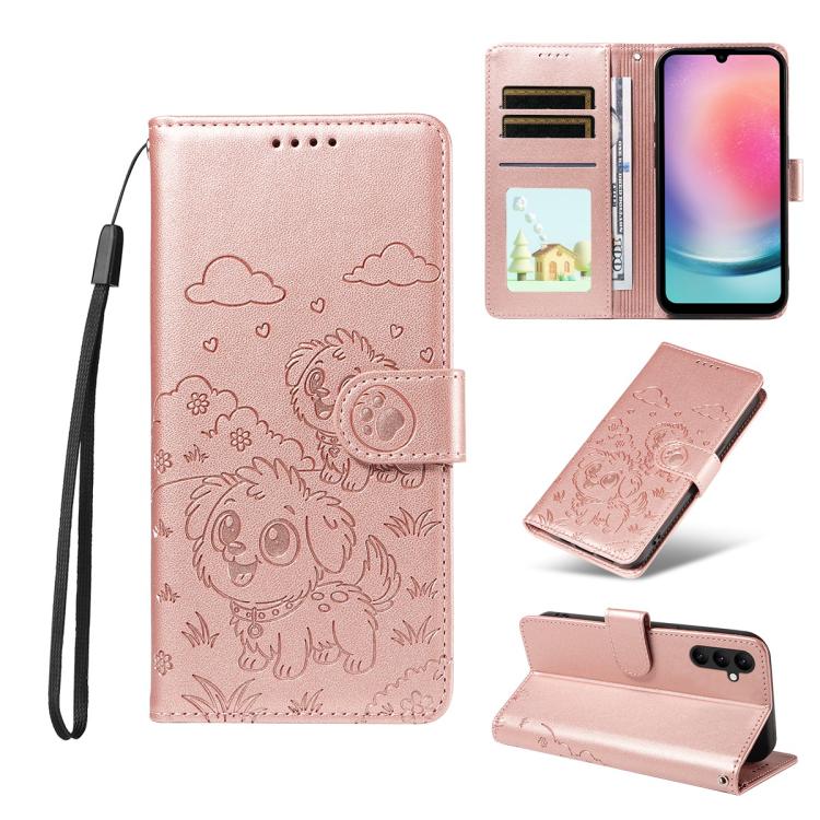 Funda de cuero tipo billetera con bloqueo RFID y diseño de corazón de perro en relieve para Samsung Galaxy A24 4G (oro rosa)